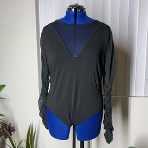 Black Spandex Vneck Illusion ruched longsleeve Bodysuit